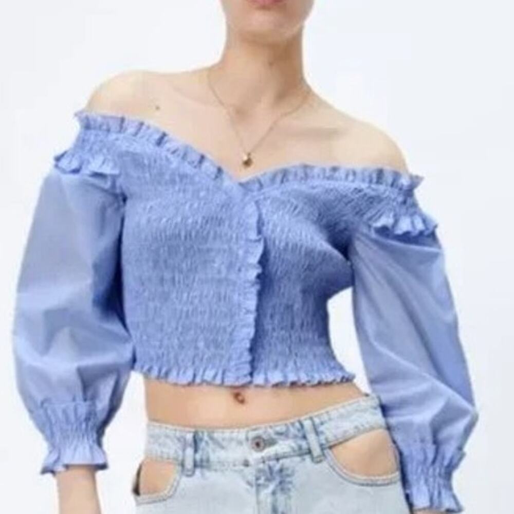 ZARA Smocked Off The Shoulder V Neck Crop Top Ruffle Puff Long Sleeves S Blue